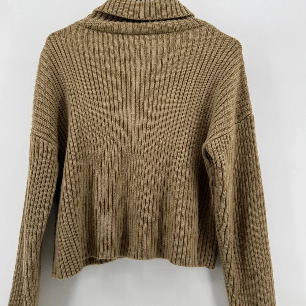 Womens Dark Academia Cropped Knit Cottage Core Ribbed Turtleneck Sweater Camel - Picture 3 of 7